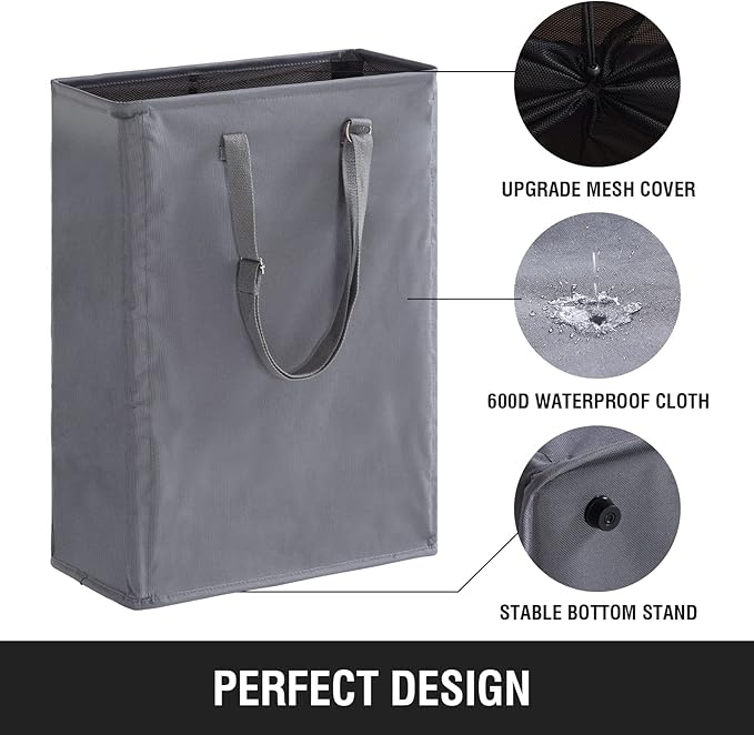 Slim Laundry Hamper with Adjustable Long Handles, 45L Small Laundry Baskets with Mesh Top, Narrow Dirty Clothes Hamper for Bedroom, Closet, and Bathroom - Grey