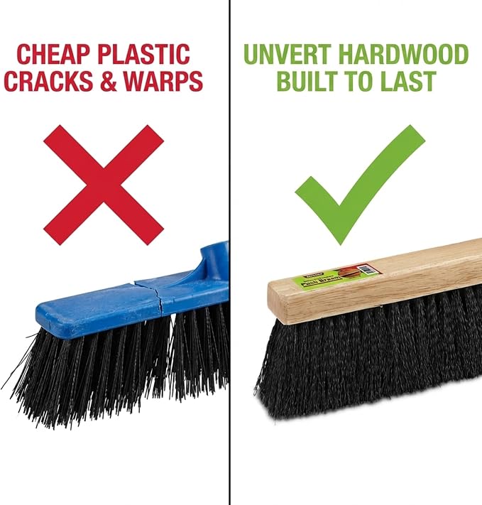 Black Indoor Push Broom Head – Heavy Duty Hardwood Block – Polypropylene Bristles – Deck Scrub Brush – Two Threaded Handle Holes for Better Assist (14")