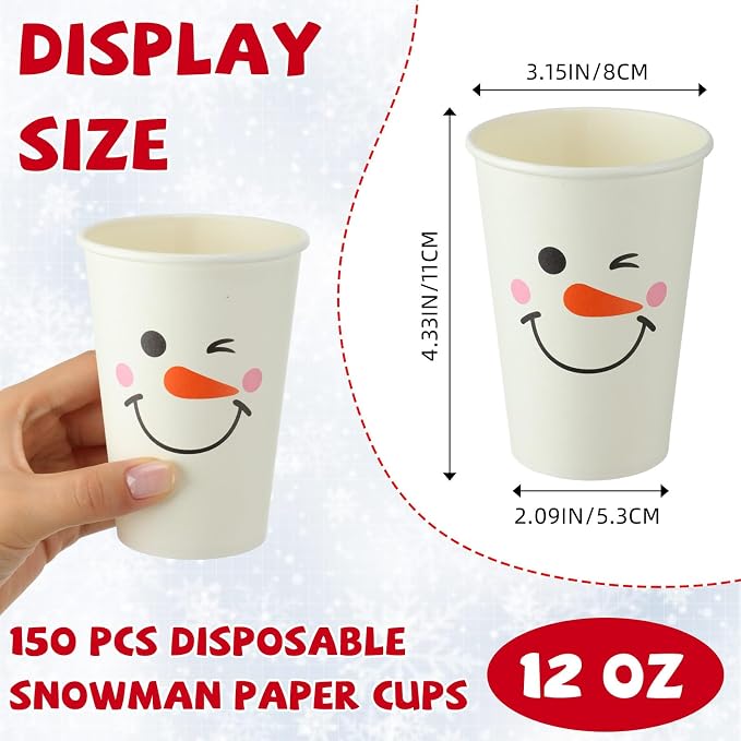 Funnymoom 150 Pcs Snowman Paper Cups 12 oz Disposable Coffee Drinking Paper Cups for Hot Cold Beverage Drink Juice Cocoa Winter Party Supplies
