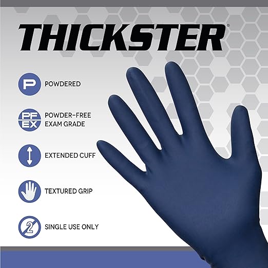 Thickster Powdered Latex Disposable Gloves. Size Medium. Blue Color, 14 mil Thickness, 12" Length. Fully Textured for Superior Grip. Single Use. Pack of 50. (6602)