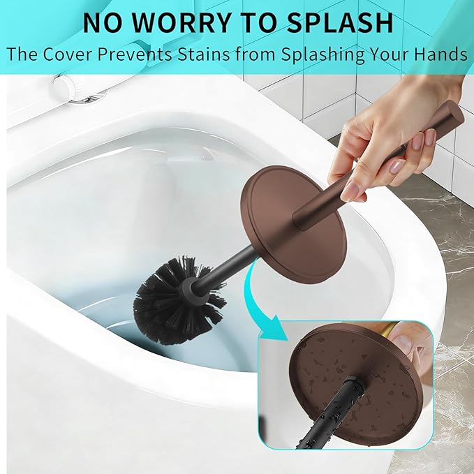 Bronze Toilet Brush and Holder Set,304 Stainless Steel Toilet Brush for Bathroom with Long Handle, Heavy Duty Toilet Bowl Brush,Removable Inner Bowl and Splash Protection,Deep Cleaning