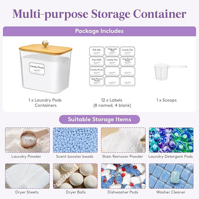 Lifewit Laundry Pods Container with Lid, Dryer Sheet Holder, Room Organization Storage for Coffee Pods Kcup Washing Powder, Scent Booster Beads, 2600 ml/0.7gal，Natural,1 Pcs