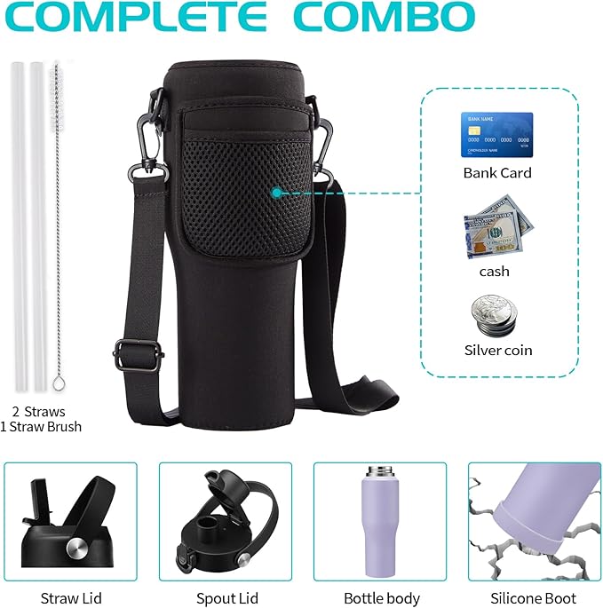 Insulated Water Bottle 32oz with Strap, Water Bottle with Straw & Top Handle for Hot 24h & Cold 48h, Stainless Steel Leakproof Travel Flask, Purple Thermal Cup Fits in Cup Holder