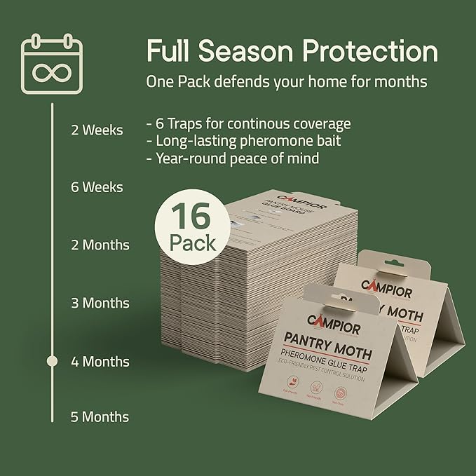 Pantry Moth Traps with Pheromones (16 Pack) – Non‑Toxic, Odor‑Free Sticky Glue Traps for Pantry Moth Treatment & Prevention, Targets Web‑Spinning Food Moths, for Kitchens & Food Storage