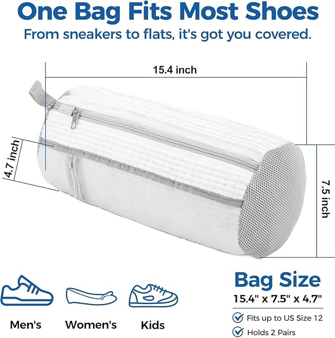 Shoe Washing Machine Bag 2 Pack, Laundry Shoe Bags with Insole Pocket, Reusable Shoe Cleaning Bags for Washer and Dryer, Protective 360° Deep Clean for Sneakers Tennis All Shoes Types (White)