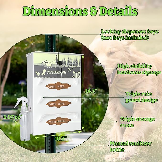 Metal Dog Poop Bag Dispenser Wall Mount, Outdoor Dog Bag Dispenser - 600 Roll Bags Included - Pet Waste Station -Pet Waste Bag Dispenser with Pick Up After Your Dog Sign (Glow in the Dark)