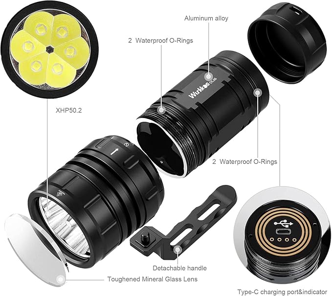 Wurkkos DL06 Dive Light, 15000 Lumens Scuba Diving Light, Type-C Rechargeable, 6*XHP50 LEDs, 100 Degrees Narrow Beam Angle, IPX8 Waterproof Flashlight for Night Diving Cave Exploration - 5000K