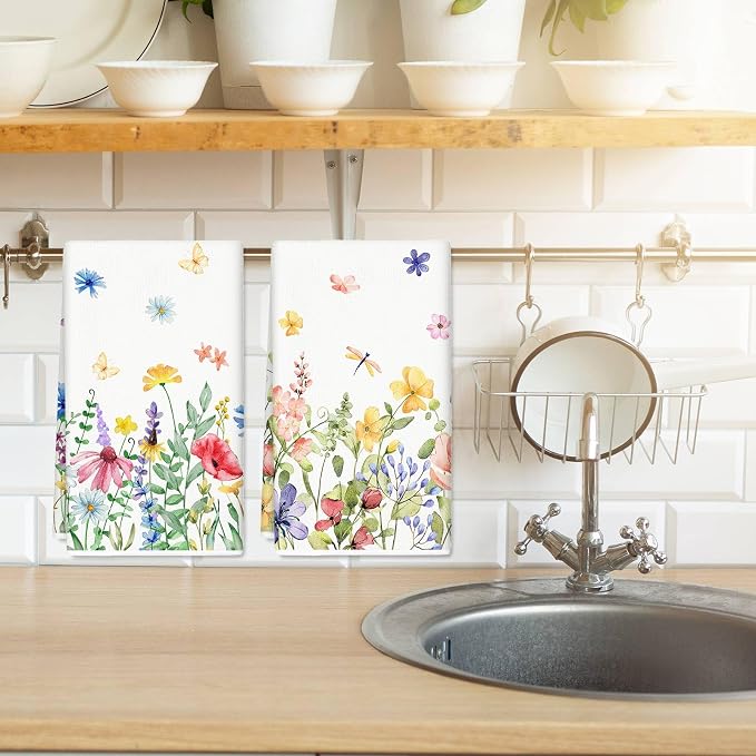 JarThenaAMCS 6Pcs Spring Summer Floral Kitchen Dish Towels Watercolor Wildflower 18 x 28 Inch Assorted Colorful Flower Hand Drying Tea Towels for Bathroom Farmhouse Baking Cooking Cleaning Wipes