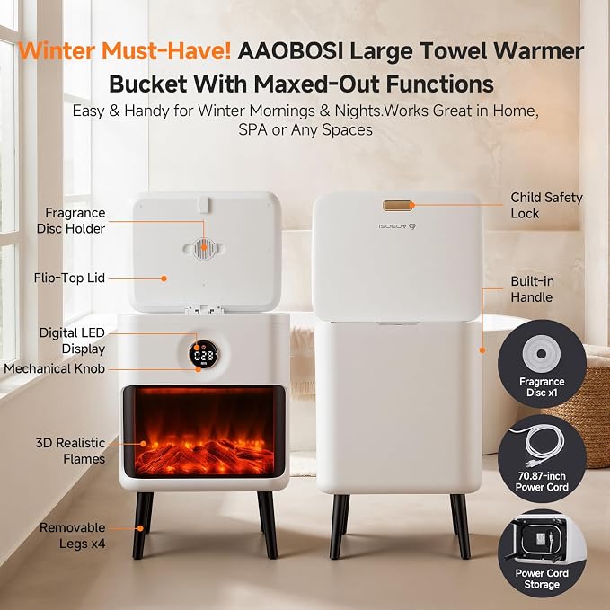 AAOBOSI Towel Warmer, 22L Large Luxury Towel Warmers for Bathroom with 3D Flame Screen, Auto Shut Off Even Heated Hot Towel Warmer Bucket for Towels, Bathrobes, Blankets, PJ's