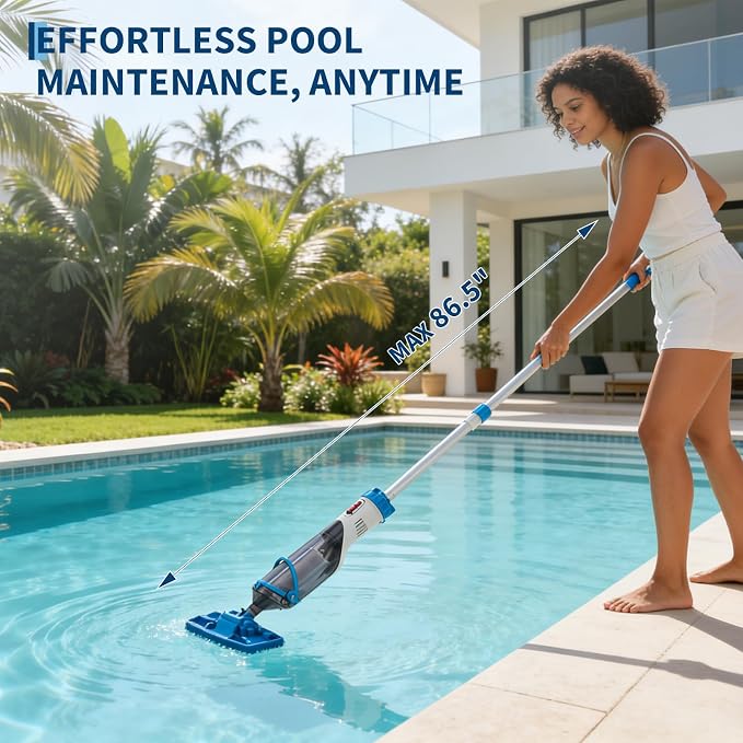 Cordless Handheld Pool Vacuum with Telescopic Pole, Rechargeable Handheld Hot Tub SPA Pool Cleaner Vacuum for Above Ground/Inground Pools, 18.5GPM Powerful Suction, Running time up to 1H
