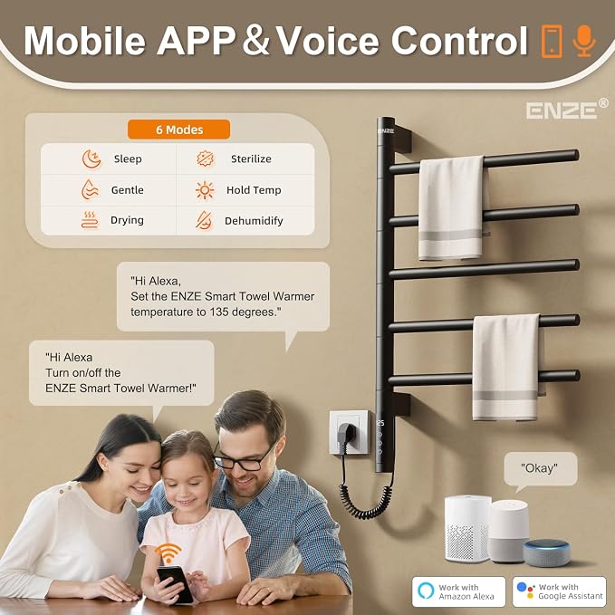 ENZE Smart Rotating Heated Towel Rack for Bathroom, 5-Bar Wall-Mounted Electric Towel Warmer with Swivel Bars, Wi-Fi App Control, 24H Timer, Stainless Steel, IPX5, Hardwired/Plug-in, Matte Black