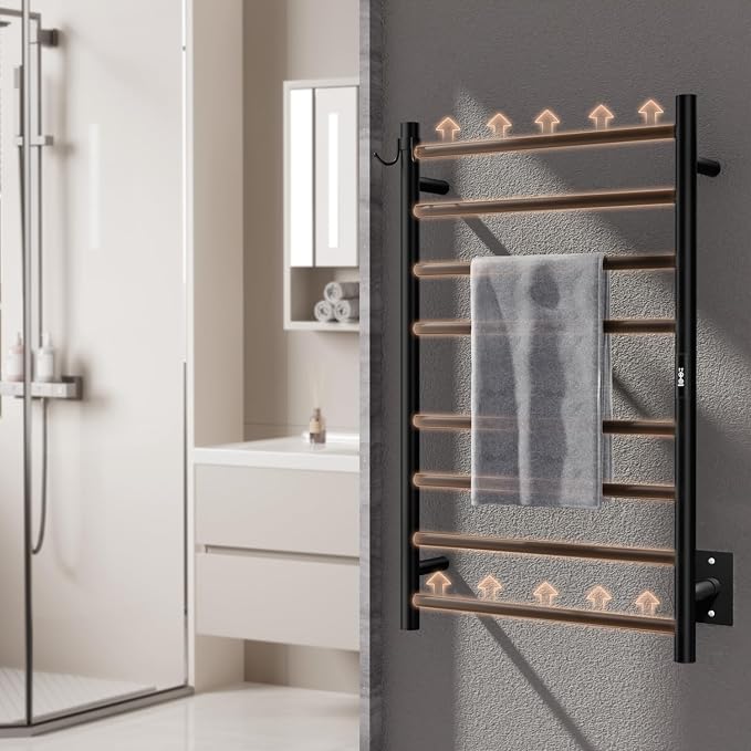 Wall Mounted Towel Warmer 8 Bars with Plug-in and Hardwired Options 3 Working Modes Black Stainless Steel 21” W 34” H