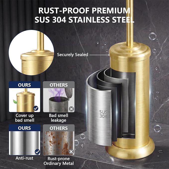 Toilet Brush and Holder Set,304 Stainless Steel Heavy Duty Toilet Brush,Extra Long Handle Toilet Bowl Brush and Holder for Bathroom,Durable,Deep Cleaning,Extra Dense Bristles (Gold)
