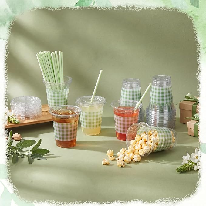 Domensi 25 Sets Sage Green and White Gingham Plastic Cups with Lids and Paper Straws 12oz Checkered Party Disposable Cups Bulk Drinking Cup for Cold Drinks Baby Shower Wedding Birthday Party Supplies