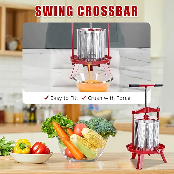 Manual Stainless Steel Fruit & Wine Press, 3.69 Gallon Cider, Juice & Olive Oil Extractor, Food Press for Wine Making Supplies, Cheese, and Vegetable Processing, Easy T-Handle
