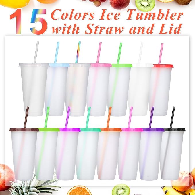 Honeydak 60 Pack Tumbler with Straw and Lid Bulk Cups for Gifts Water Bottle Iced Coffee Travel Mug Cup Reusable Plastic Tumblers for Party Birthdays 24-27 oz (Pretty Color)