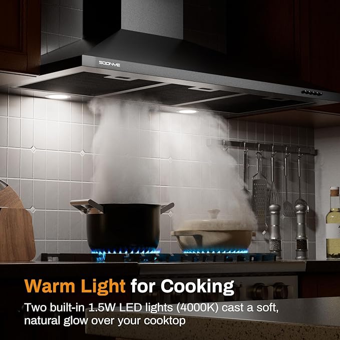 36 Inch Wall Mount Range Hood Ducted/Ductless Convertible Kitchen Exhaust Hood with 450 CFM Motor, 3 Speed Fan, LED Lighting and Dishwasher Safe Filters, Matte Black Painted Finish