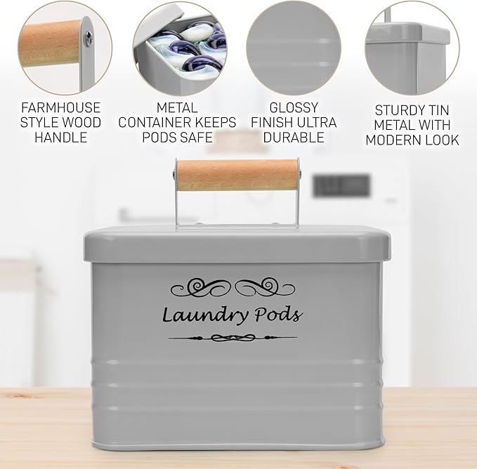 ELITAPRO Laundry Pods Holder - Modern Farmhouse Laundry Pods Container - Metal Detergent Pods Container with Lid for Laundry Room Decor and Accessories - Laundry Room Organization & Storage (Khaki)