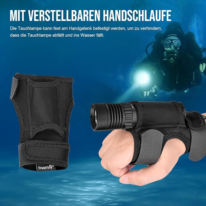 Trustfire DF006 Dive Light - 2300 Lumen Underwater Flashlight, 100 Meters Scuba Diving Light, IPX8 Waterproof, 3 Modes With Holder Glove