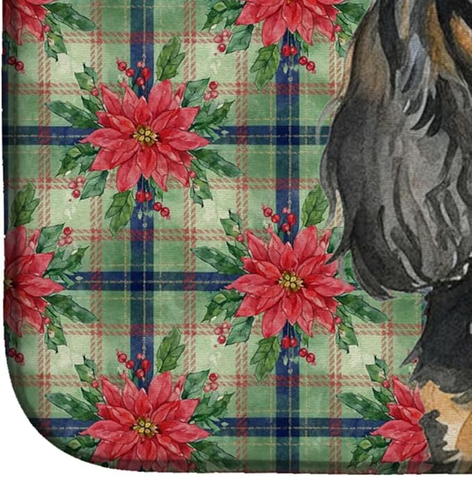 Caroline's Treasures Black and Tan English Toy Spaniel Christmas PoinsettIas Dish Drying Mat Absorbent Dish Drying Mat Pad for Kitchen Counter Dish Drainer Mat for Countertop, 14 x 21", Multicolor