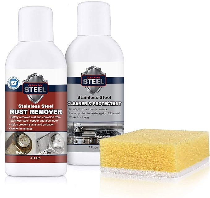 CLEAN MY STEEL Stainless Steel Rust Remover and Protector Kit, NSF Certified, 4 oz, Includes B570 Rust Remover, B580 Cleaner and Protector, Sponge and Gloves