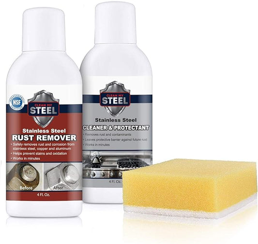 CLEAN MY STEEL Stainless Steel Rust Remover and Protector Kit, NSF Certified, 4 oz, Includes B570 Rust Remover, B580 Cleaner and Protector, Sponge and Gloves