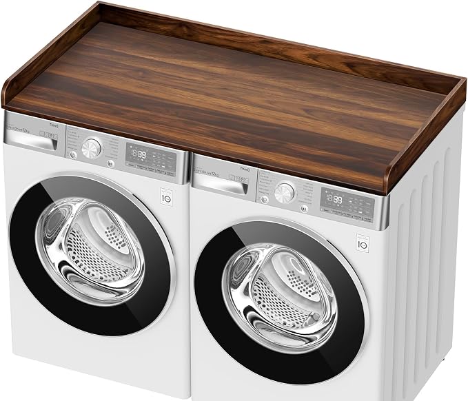 Washer Dryer Countertop, 27.5" D x 54" W Washer and Dryer Topper Covers with Edge Rails, Wood Laundry Room Countertop Shelves for Laundry Room Organization and Storage (Brown)