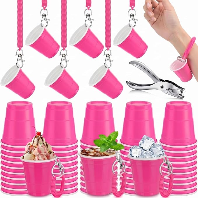 LemonRoad 50 Pack Pink Shot Cup with Wristband for Party 2 oz Plastic Shot Glasses Bulk Disposable Mini Cup for Graduation 21th 50th Birthday Wedding Party Bachelorette Supplies