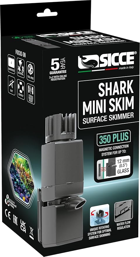 Sicce Shark MINI Aquarium Surface Skimmer 350 Plus up to 90 Gallon Aquariums | 90 GPH Flow Rate Efficient Debris Oil Film Removal Freshwater & Saltwater
