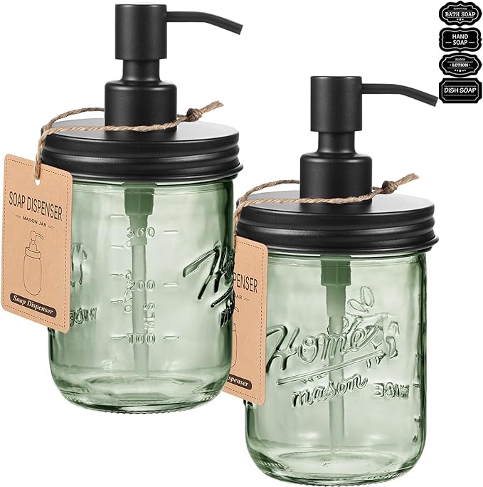 SheeChung 6Pcs Clear Bathroom Accessories Set, Toothbrush Qtip Holder & 2 Pack Green Glass Soap Dispenser, Kitchen Dish Soap Dispenser, Refillable, Black Bathroom Decor