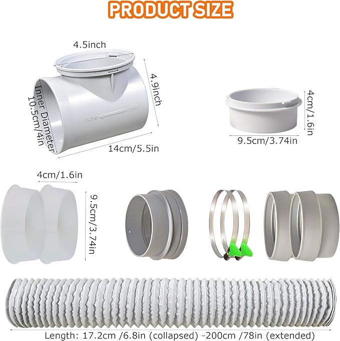Dryer Vent Hose Connector Kit for Tight Spaces, 90° Elbow-to-Straight with White 4-Inch 6.5FT PVC Hose, White Elbow & Gray Straight Connectors, Tool-Free Installation