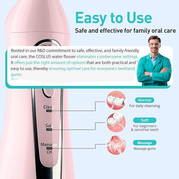 COSLUS Water Dental Flosser Teeth Pick C20: Portable Cordless Oral Irrigator 300ML Rechargeable Travel Irrigation Cleaner IPX7 Waterproof Electric Flossing Machine for Teeth Cleaning, Pink