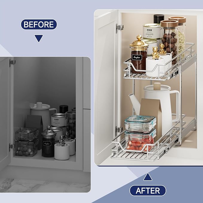 2-Tier Pull Out Cabinet Organizer, 7.5" W x 21.5" D, Heavy Duty Dual Slide Out Shelves for Narrow Base Cabinets, Chrome Wire Basket Drawer for Spices, Bottles & Snacks