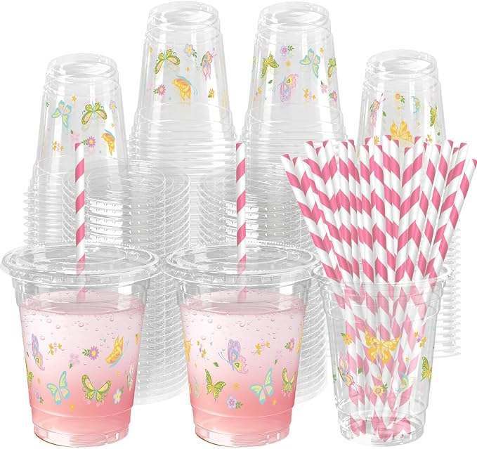 50 Sets Butterfly Plastic Cups with Lids Straws 12 oz Floral Butterfliy Disposable Cups Spring Flower Party Favor Drinking Beverage Cup for Baby Shower Birthday Party Supplies