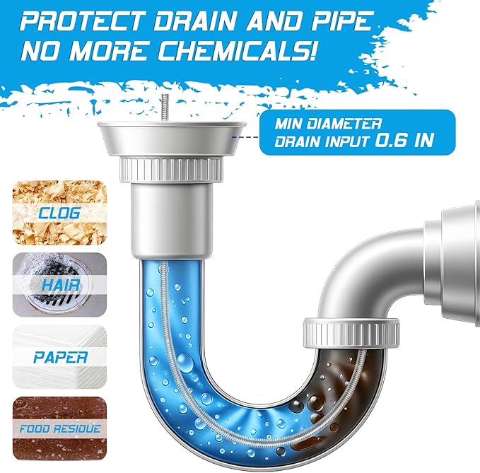 25FT Drain Snake, Auto Feed Retract Flexible Drain Auger for Drain Clogged, Manual or Drill Powered Plumbing Snake Hair Clog Remover for BathTub Sink Shower (Blue)