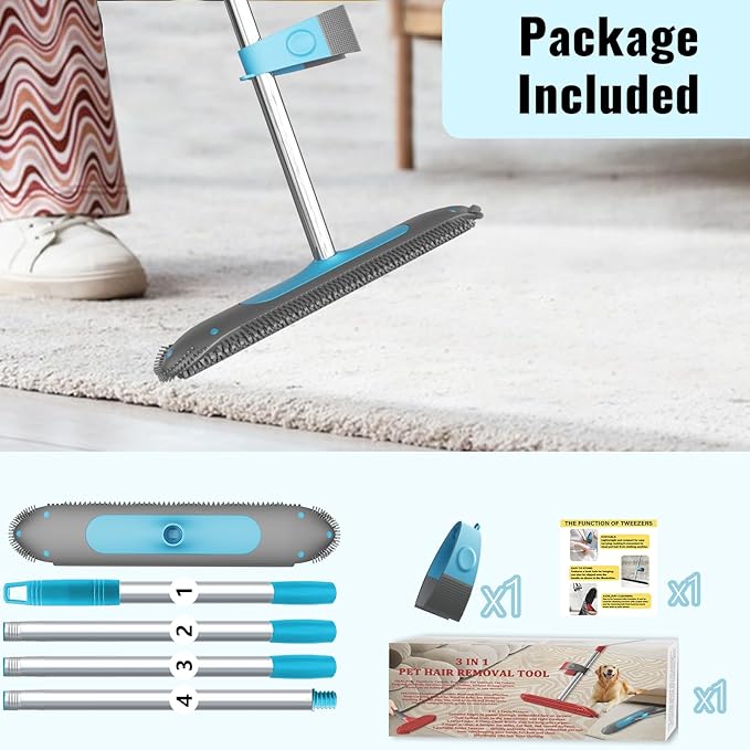 Carpet Rake for Pet Hair Removal Tool, 2 in 1 Carpet Scraper with 59" Adjustable Handle, Silicone Rug Rake for Dog & Cat Fur Hair, Pet Hair Remover for Rugs, Mats, Couch, Furniture, Floor