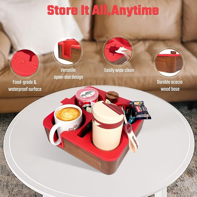 Couch Cup Holder Tray, Real Acacia Wooden Caddy with Soft Silicone, Snack and Drink Organizer- Perfect Movie Night Accessories for Bed, Remote and Cup Holders for Sofa (Red)