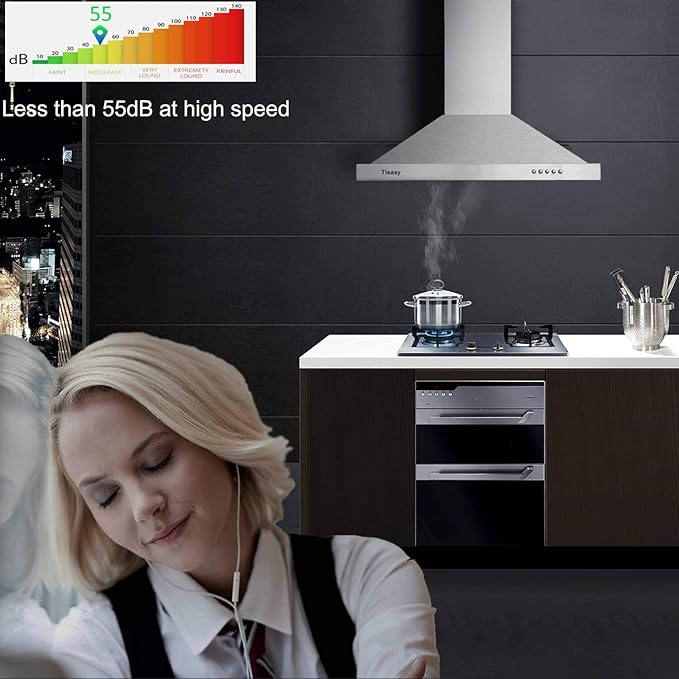 Tieasy Wall Mount Range Hood 30 inch with Ducted/Ductless Convertible Duct, Stainless Steel Chimney-Style Over Stove Vent Hood with LED Light, 3 Speed Exhaust Fan, 450 CFM