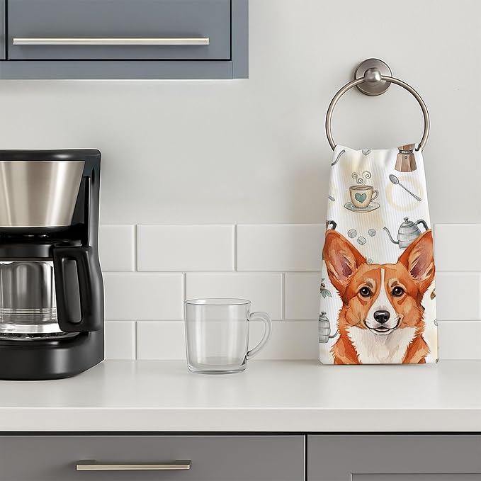 Caroline's Treasures Red Cardigan Welsh Corgi Coffee Bar Kitchen Towel Velour Plush Front and Cotton Loop Back Machine Washable