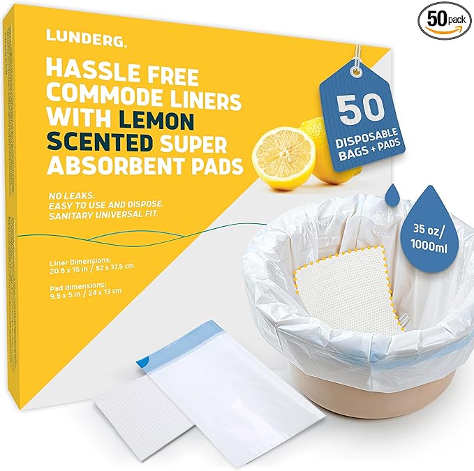 Lunderg Commode Liners with Absorbent Pads - Lemon Scent Medical Grade 50 Count Universal Fit - Disposable Bedside Commode Liners and Pads for Adult Chairs, Portable Buckets & Camping Toilet Bags