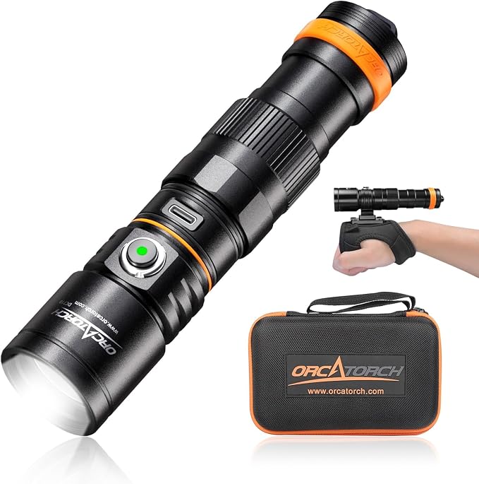 ORCATORCH DC710 Scuba Dive Light, 3000 Lumens Super Bright Underwater Flashlight, IP68 Waterproof Submersible Torch with WS02 Wrist Strap Mount for Hands-Free Diving