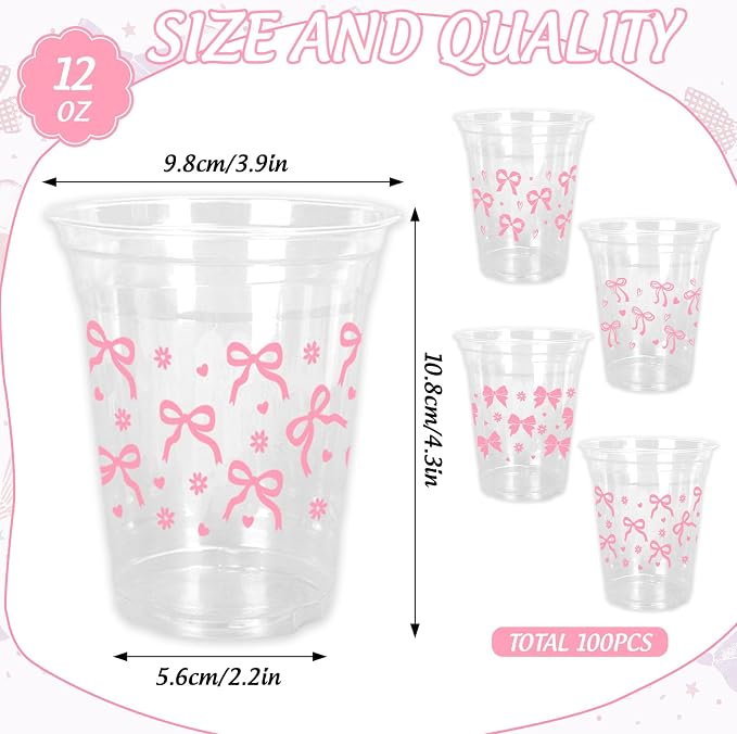 FYSUIMU 100Pcs Pink Bow Disposable Plastic Cups 12Oz Lovely Ribbon Bow Cold Beverage Drinking Cup for Wedding Birthday Bridal Shower Bachelorette Party Supplies
