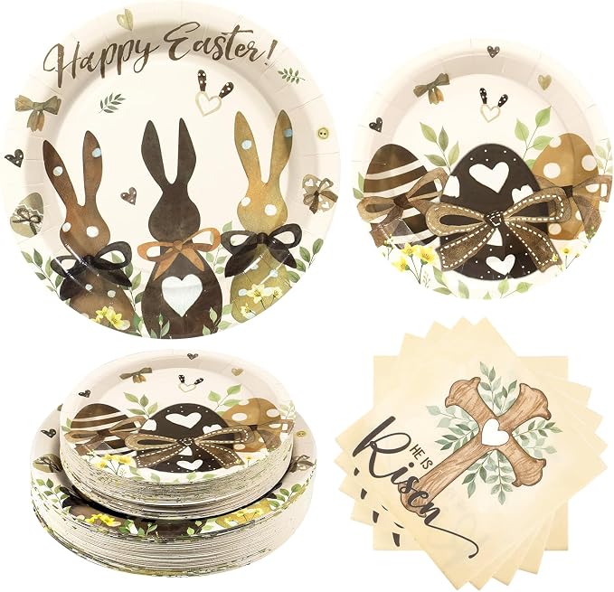 150 Pcs Happy Easter Plates and Napkins,Easter Egg Bunny Disposable Dinnerware Set for Holiday Party Supplies Table Decorations, Serves 50