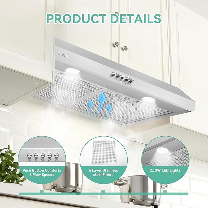 36 Inch Under Cabinet Range Hood | 700 CFM Stainless Steel | Convertible Ducted/Ductless | Washable Grease Filters | 3 Speed Fan | LED Lighting | Includes Charcoal Filters