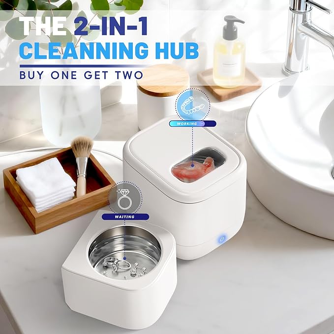 Sonolab Ultrasonic Retainer Cleaner Machine with 2 Removable/Replaceable Tanks, 45kHz Sonic Dental Cleaning Pod, 240ml Large Capacity Ultrasonic UV Cleaner for Dentures, Aligners, Mouth Guards
