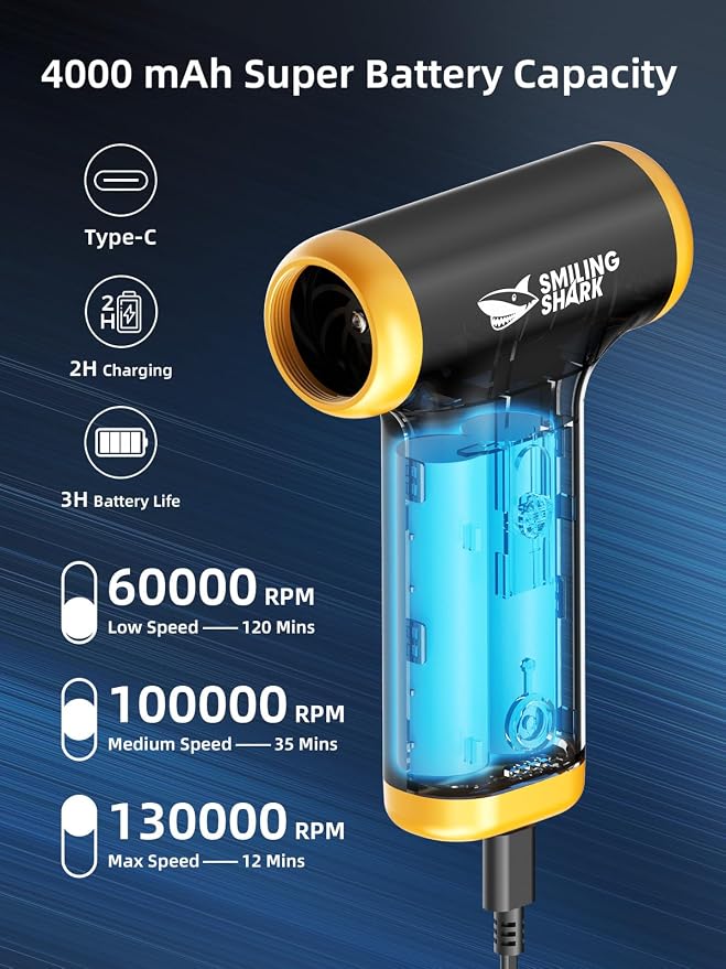 Smiling Shark Compressed Air Duster, JF-01 Brushless Motor Stepless Speed 130000RPM 5Kpa Rechargeable Cordless Electric Air Blower with LED Light for PC Cleaning/Keyboard/Car/Camping, (Black)