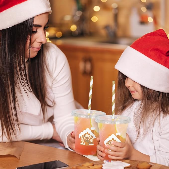 Whaline 50 Pcs 12 Oz Christmas Disposable Plastic Cups with Lids and Straws Gingerbread House Cold Beverage Drinking Cups for Winter Xmas Birthday Party Supplies