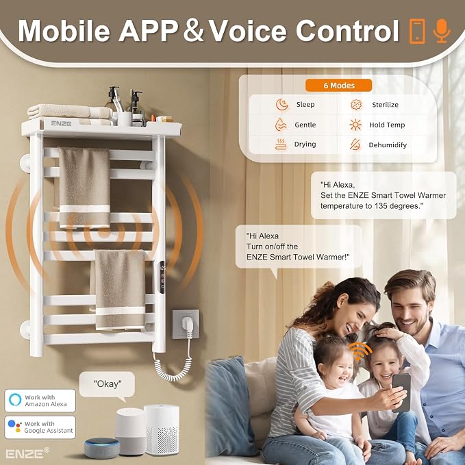 ENZE Smart Heated Towel Rack, 8-Bar Wall-Mounted Electric Towel Warmer with Shelf, Wi-Fi App Control, Adjustable Temperature & 24H Timer, Low Carbon Steel, IPX5, Plug-in/Hardwired, White