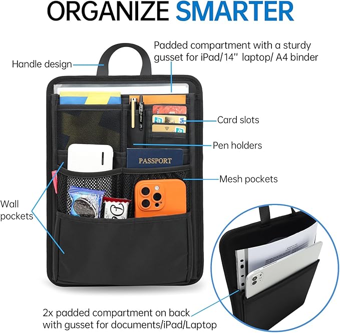 Slim Rugged Backpack Organizer Insert for Business Casual Men Women -13 Pockets,Padded Nylon,Max 14'' laptop - Black