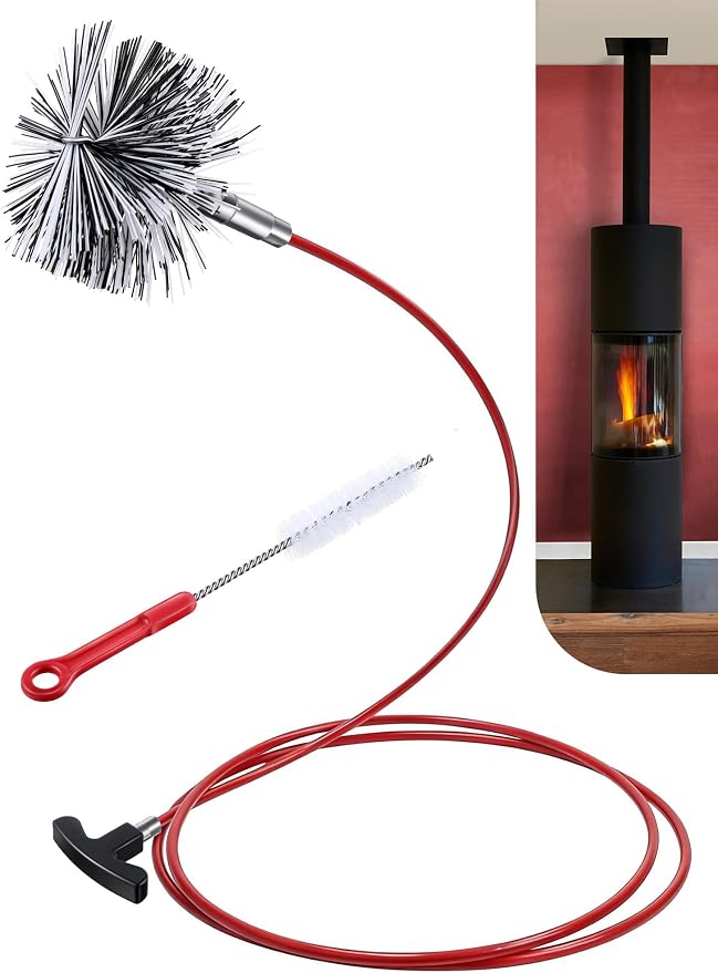 Feekoon Pellet Stove Cleaning Kit, 10 FT Flexible Steel Rod with 4" Brush Head, Flue Detail Cleaner, Pellet Stove Accessories for Vent Pipes Cleaning - Reduce Buildup & Improve Airflow